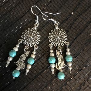 Turquoise, Tibetan Silver Howling Wolf Earrings.